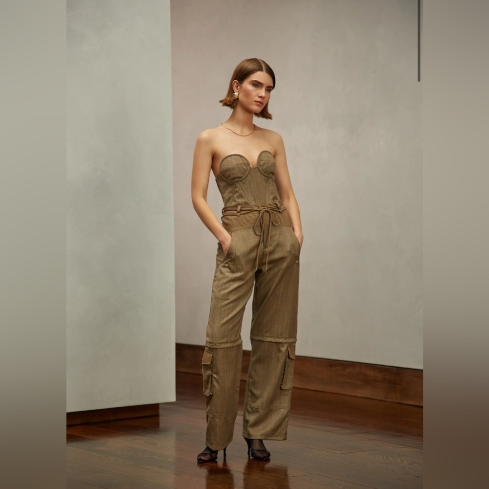 NWT ROARI Ronnie Trouser Pants in Camel Herringbone Brown Wool Cargo Size 2